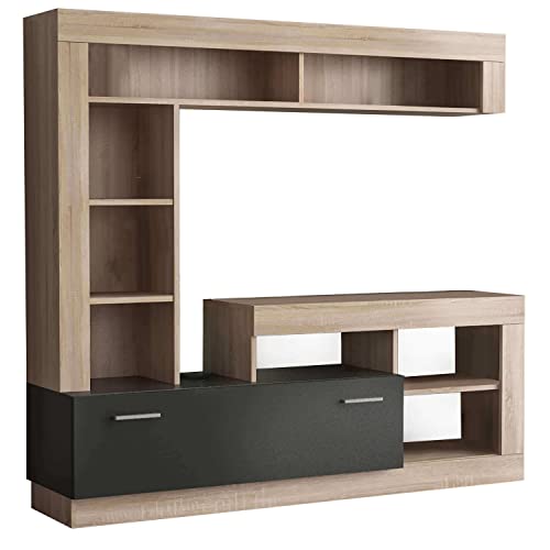 Parete attrezzata soggiorno mobile porta tv zona living stile moderno con pensili e vani libreria di colore Antracite e Quercia chiaro mod. Leonard