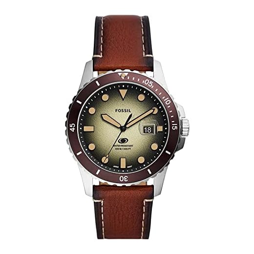 Fossil Reloj para hombre azul fósil, movimiento de tres manecillas, caja de acero inoxidable marrón de 42mm con correa de piel ProPlanet, FS5961