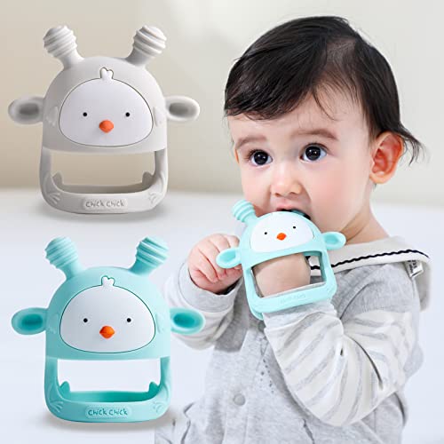 Image of Silicone Baby Teether Never Drop Infant Rattling Teether Soothing Pacifier Teething Toys for Babies 6-12 Months BPA Free 2 Pack Grey&Green