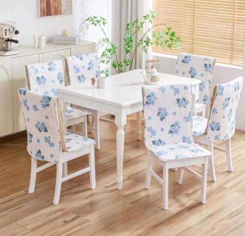Image of HOMETHREADS Floral Quilted Cotton Chair Cover - Soft, Comfortable Dining Chair Seat Protector with Non-Slip Backing & Strong Elastic Strap for Snug Fit (White Blue, Pack of 6)