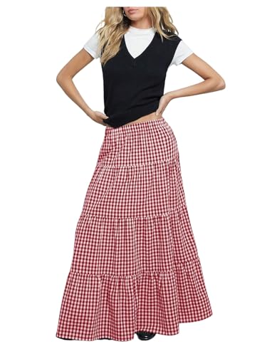 MakeMeChic Women's Plaid Maxi Skirts A Line Ruffle Tiered Layer Y2K Flowy Casual Long Skirts