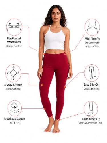 Image of Women's Cotton Lycra Ankle Length Leggings | Regular Rise, Soft 4 Way Stretch Fabric | Casual & Ethnic Wear