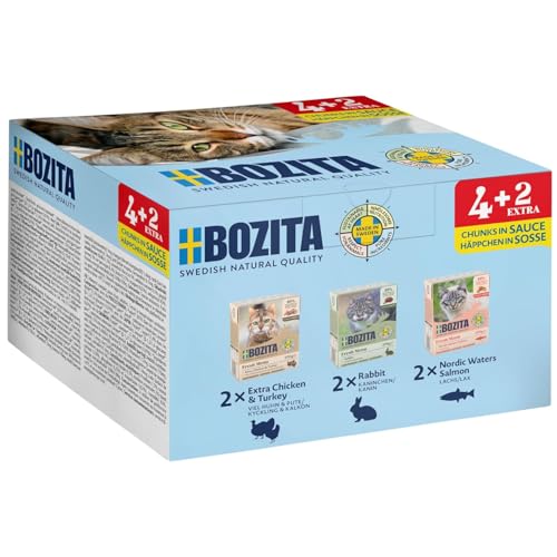 Bozita Tetra Probierpaket in Sauce mit viel Huhn & Pute, Kaninchen, Lachs - 4+2-6x370g Getreide- & zuckerfreies Premium-Katzenfutter, ohne Gentechnik, mit 7,5% Protein und 5% Fettgehalt
