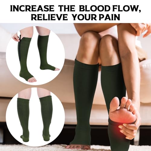 Image of Nuanchu 3 Pairs Open Toe Zipper Compression Socks 20-30mmhg Zipper Compression Toeless Knee High Socks for Men Swelling Edema