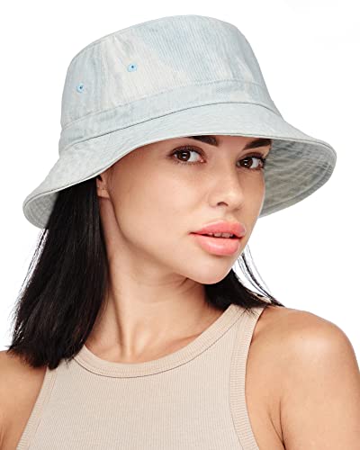 Bucket Hats For Women Men Washed Cotton Adjustable Packable Summer Outdoor Sun Hat With Detachable Strings Upf50+ Denim Blue #TOP16