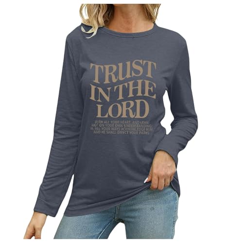 Mujer Moda Otoño Al Aire Libre Arte De Color Sólido Letras Impresas Cuello Redondo Manga Larga Top Camiseta Cosas Baratas Sin Gastos de, gris, L