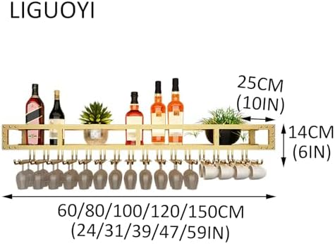 Wall Mounted Wine Rack with Glass Holder and Screws Easy Installation Stable Metal Shelf for Kitchen Wine Cellar Bar Black/Gold Finish 100cm