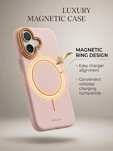 Image of amazon basics Luxury MagSafe Compatible Leather Texture Back Cover for iPhone 17 | Raised Camera Protection | Slim Fit Shockproof Case with Metallic Accents (Pink)