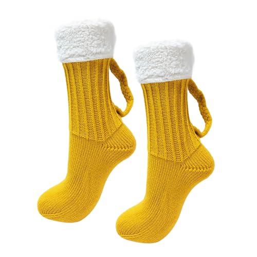 Chaussettes de bière en tricot jaune avec poignée amusante intégrée, taille unique