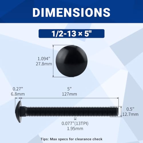 Image of 1 /2-13 x 5 Black Carriage Bolts with Nuts and Washers Kits (6 Sets), 304 Stainless Steel 18 /8, Black Finish, Round Head, Square Neck, Heavy Duty Bolts, Indoor Outdoor Fastening Bolts, Fayeploo