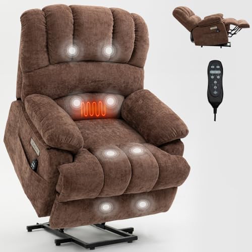 Image of Extra Large Power Lift Recliner Chair with Massage, Lumbar Heat, and USB Charging - Ideal for Enhanced Comfort and Mobility (42 x) (Brown + Chenille + Fiber Foam and Polyester Fiber Pad)