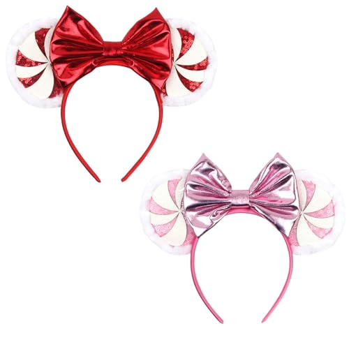 LSHDXD Christmas Mouse Ears Bow Headband Hair Hoop With a Plush Circle Around the headband Glitter Snowflake Hair bands for Christmas Party Supplies Hot Pink Princess Dress Up image 5