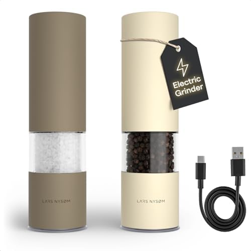 LARS NYSOM Salz und Pfeffermühle Elektrisch - Gewürzmühle Elektrisch USB-C | Wiederaufladbare Gewürzmühlen Set mit Keramikmahlwerk - 6 Stufen von sehr fein bis sehr grob - Deckel s