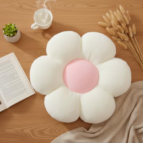 Image of AVS Sunflower Shaped 6 Kali Throw Pillow Cute Preppy Home Decorative Floor Cushion with Fibre Filling Aesthetic for Sofa Bedroom, Living Room, Car, Office (White, 50CM)