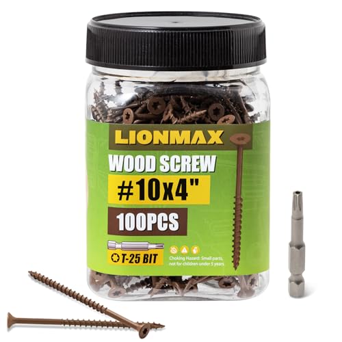 Image of LIONMAX Wood Screws 4 Inch, Deck Screws #10 x 4, 100 PCS, Rust Resistant, Epoxy Coated, Exterior Wood Screw, Outdoor Decking Screws, Torx /Star Drive Head, T25 Star Bit Included, Brown