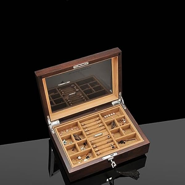 Elm Wood Smycken Display Case, Smyckesförvaringsväska med glaslock och lås, Smyckesorganisator för halsband Armband Örhängen Klockförvaring