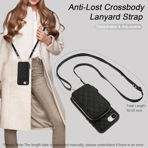 Bocasal Crossbody Wallet Case for iPhone 16e, RFID Blocking PU Leather Zipper Handbag Purse Flip Cover, Kickstand Folio Case with Card Slots Holder Wrist Strap Lanyard 6.1 Inch 5G (Black)