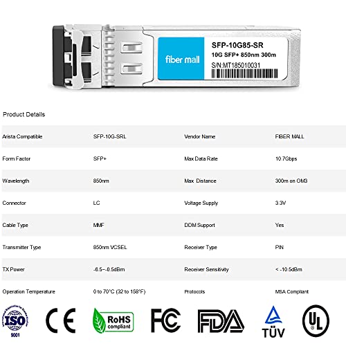 Image of fiber mall SFP 10G SR for Arista SFP-10G -SR SFP-10G-SRL 10GBASE-SR SFP+ MultiMode 850nm 300m LC DOM Transceiver Module