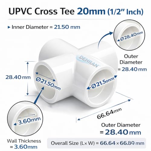 Image of DEHRAN UPVC Cross Tee 1 /2 inch Inch (20mm) Water Pipe Connector for Home Plumbing