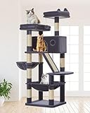 Taoqimiao 146CM Kratzbaum Groß, Katzenbaum Katzen Kratzbaum Grosse Katzen Stabil mit 2 Katzenhaus, Metallhängematte, Korb, 8 Kratzsäulen, Katzenkratztafel, MS026G Dunkelgrau