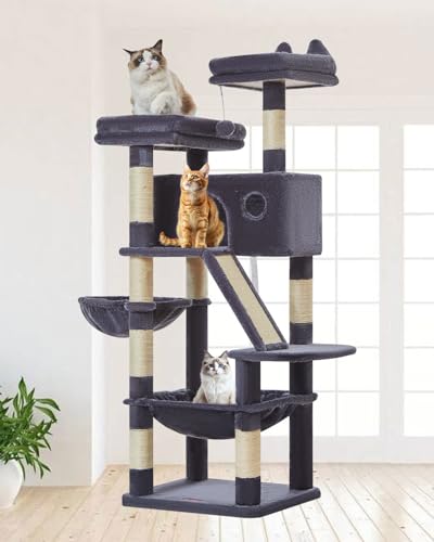 Image of Taoqimiao Cat Tree 57.5-Inch, Cat Tower for Indoor Cats Large Adult, Extra Large Cat Condo, 8 Sisal Scratching Posts, Metal Frame Cozy Hammock, Durable Scratch Board, 2 Top Perches, Smoky Gray MS026G
