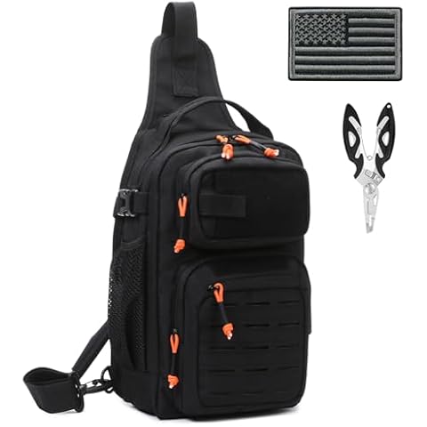 Aocmpxs Fishing Backpack, 12L Tackle Storage Sling Bag Lightweight Fishing Sling Pack Tactical Shoulder Backpacks Tool Bags for Fishing with US Flag Patch and Fishing Plier (1 Pack Black) Cover
