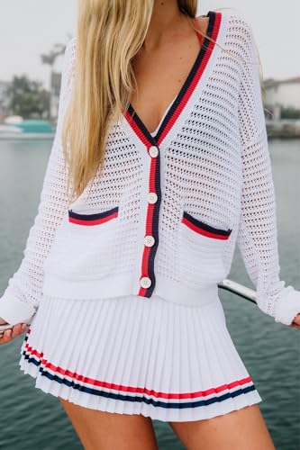 Image of LifeShe Women's Crochet Cardigan Sweaters Lightweight Knitted Long Sleeve Hollow Out Preppy Beach Cover Up White