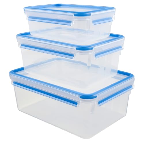 EMSA Clip & Close Frischhaltedosen-Set, rechteckig, 1,00 u. 2,30 u. 3,70 L, Aufbewahrungsboxen, 100 Prozent dicht, spülmaschinen-, gefrier-, mikrowellenfest, Transparent, Blau, Made in Germany, 508567