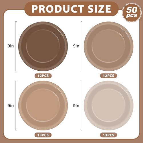 Wiooffen 50Pcs Brown Paper Plates 9 Inch Gradient Color Disposable Round Dessert Plates Brown Party Tableware Solid Tan Paper Plate Winter Table Decors for Birthday Gatherings Outdoor Party