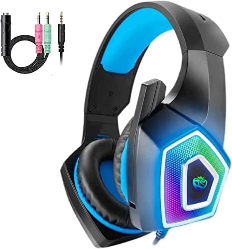 Gaming Headset with Mic for Xbox One PS4 PC Switch Tablet Smartphone, Headphones Stereo Over Ear Bass 3.5mm Microphone Noise Canceling 7 LED Light Soft Memory Earmuffs(Free Adapter)
