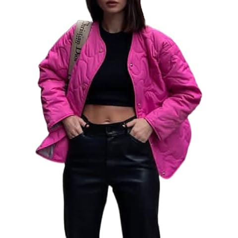 VILAGRAH Women's Cotton Quilted Jacket Button Down Lightweight Puffer Jackets Coat Loose Oversized Trendy Outwear (Crewneck Rosy, Large) Cover
