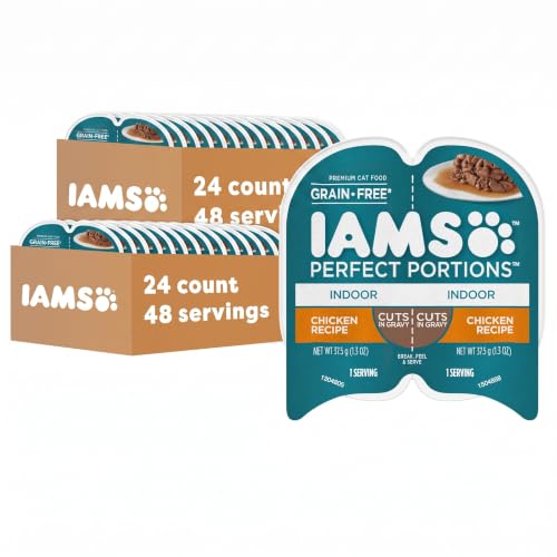 IAMS Perfect Portions Grain Free Wet Cat Food, Indoor Adult Cat Food Wet Cuts in Gravy, Chicken Recipe, (24) 2.6 oz. Twin-Pack Trays (Pack of 2)