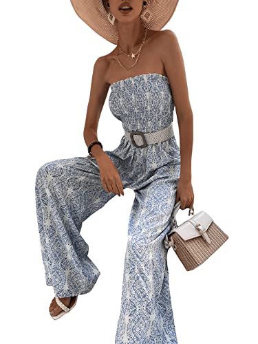 Sweatyrocks Women's Printed Sleeveless Tube Top Shirred Long Pants Jumpsuit Romper Blue White M #TOP2