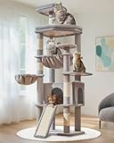 Taoqimiao 72 Inches Cat Tree for Large Cats, Multi-Level Tall Cat Tower, Widened Cat Condo with Large Scratch Board, 5 Scratching Posts, Metal Hammcock, Cozy Basket, Light Gray, MS045W