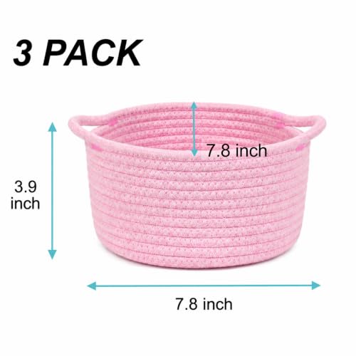 Image of Small Woven Basket Decorative Round Baskets for Gifts, 3-Pack Pink | Small Baskets with Handle, Cotton Rope Baskets for Organizing, Cute Mini Boho Round Storage Basket Bin, Empty Gift Basket