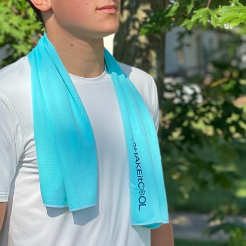 SHAKEitCOOL Extended Size Cooling Towel – Be Cool in Style - Heat Relief, Soft, Lightweight, Sun Protection, Easy Clean - Perfect for Biking, Hiking, Running, Yoga, Golf, Gardening - Teal M