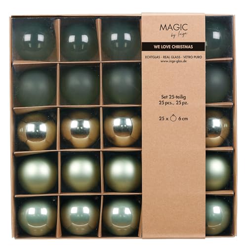 Weihnachtskugeln Glas 6cm 25er Set - transparent, matt & glänzend - Christbaumkugeln Weihnachtsbaumkugeln für Weihnachten - Christbaumschmuck & Weihnachtsbaumschmuck Salbeigrün - Mild Sage Flow
