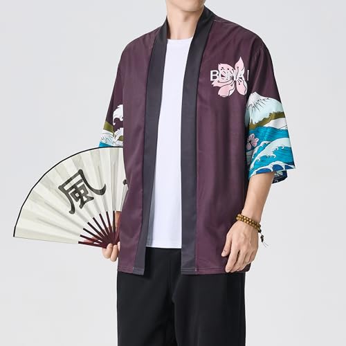 Image of PRIJOUHE Men's Lightweight Kimono Jacket Seven Sleeve Open Front Cardigan Coat Japanese Style Bathrobe