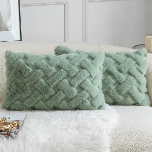 Image of YAERTUN Set of 2 Decorative Cushion Covers Thick Plush Wool Pillows Covers Super Soft Luxury faux Rabbit Fur Velvet Throw Pillow Cases for Couch Sofa Bed Living Room 12x20 Inch 30x50 cm Sage Green