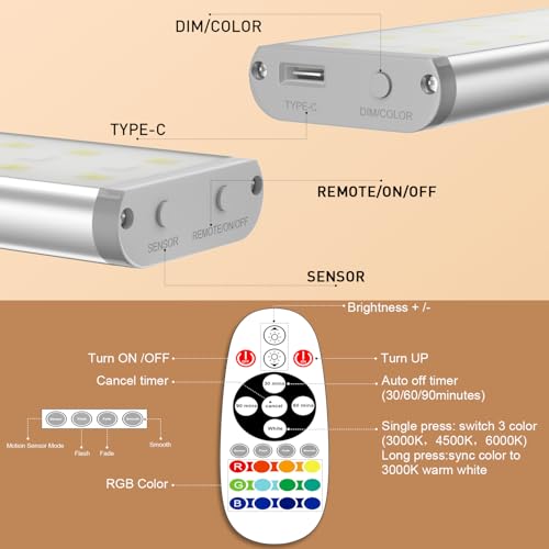 Hontafe Under Cabinet Lighting Wireless,58 LED Motion Sensor Light Indoor Night Lights with Remote,Rechargeable RGB Under Cabinet Lights Bar,Dimmable Under Counter Lighting for Kitchen,Shelf(3Pack) - image 7