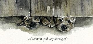 Border Terrier dog BLANK Birthday greeting card Under the Gate - Sausages?