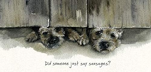 Border Terrier dog BLANK Birthday greeting card Under the Gate - Sausages?