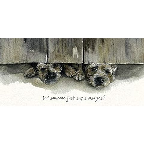 MISSOLO Border Terrier dog BLANK Birthday greeting card Under the Gate - Sausages? Cover