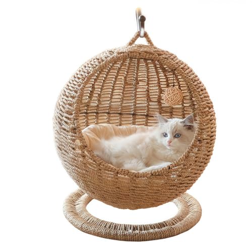 TVTKEラタン製の猫用ケージ、猫用ベッド、天然素材、半密閉型、小型、手作り、取り外し可能なクッションと吊り下げボール付き、小型犬や小動物に適しています (天然海藻素材デザイン)