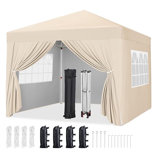 Yaheetech Pop-Up Gazebo 3x3m with 4 Removable Side Panels, Silver-costed Oxford Marquee Canopy with Wheeled Bag & Sandbags, Metal Frame Shelter Tent for Outdoor Garden Party Camping, Beige