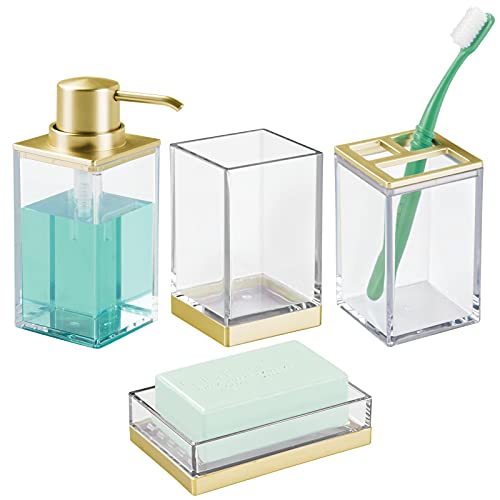 mDesign Bathroom Vanity Countertop Accessory Set - Includes Soap Dispenser Pump, Divided Toothbrush Holder, Tumbler Rinsing Cup, Soap Dish - Square Plastic - 4 Pieces - Clear/Soft Brass mDesign Bathroom Vanity Countertop Accessory Set - Includes Soap Dispenser Pump, Divided Toothbrush Holder, Tumbler Rinsing Cup, Soap Dish - Square Plastic - 4 Pieces - Clear/Soft Brass