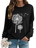 Dresswel Damen Löwenzahn Sweatshirt Langarmshirt Pusteblume Drucken Pullover Herbst Winter Bluse Tops Oberteile(Schwarz, M)