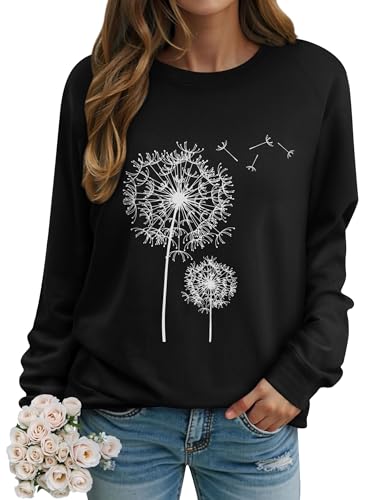 Dresswel Women Dandelion Print Sweatshirt Crew Neck Long Sleeve Tops Basic Jumper Tunic Blouse Shirts(Black, M)