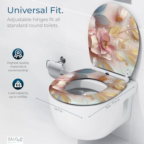 Image of Sanilo Wooden Toilet Seat with Quick Release & Soft Close [ROUND] - Decorative & Slow Close Molded Wood Seat - With One Click for Easy Installation & Cleaning - With Adjustable Fit (Florentia)