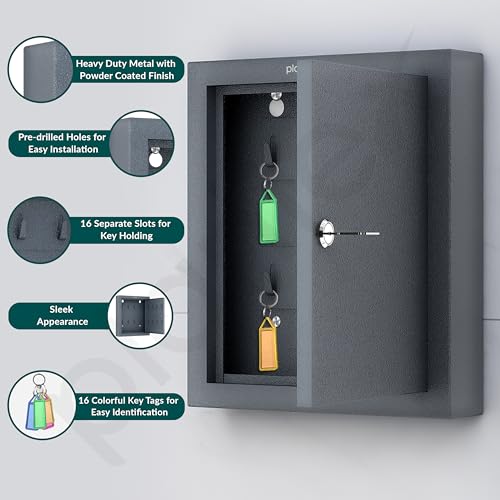 Image of Plantex Key Holder Box /GI Steel Key Cabinet with16 Key Holder for Wall /Lockable Key Storage Box for Home /Hotel /Shops /Office - Wall Mount (Grey)
